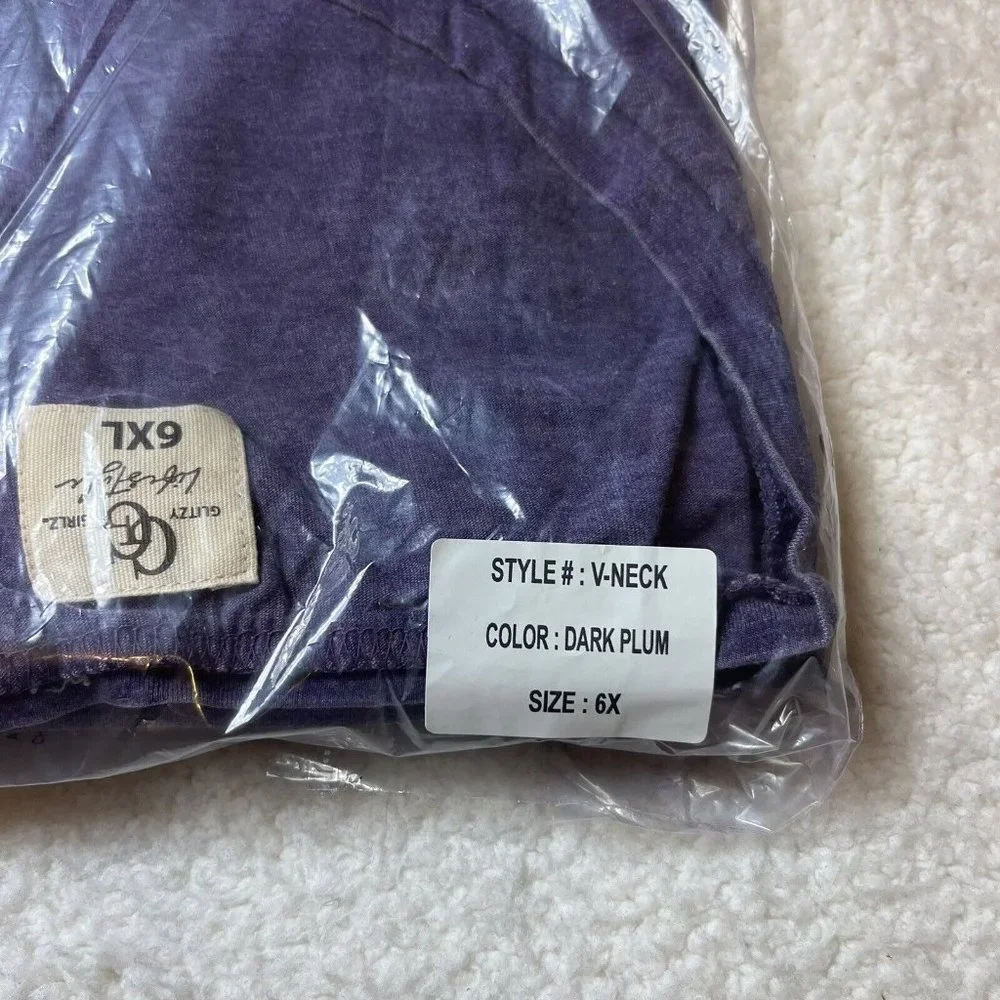 Glitzy Girlz Lifestyle Dark Plum Purple V Neck Basic T Shirt Size 6X NEW NWT‎